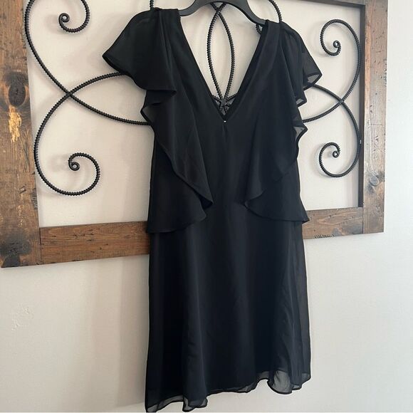 BCBGeneration V Neck Plunge Flutter Sleeve Waterfall Ruffle Mini Black Dress - Picture 4 of 12